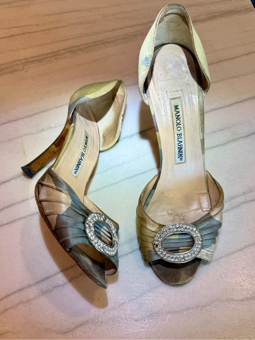 Vintage 2000’s Y2K Manolo Blahnik Camo Sedaraby D'Orsay Heel Crystal Buckle 36.5